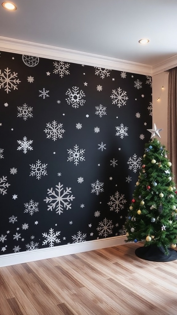 3D Black Christmas Wallpaper Design A modern room with 3D black Christmas wallpaper featuring snowflakes and festive designs.
